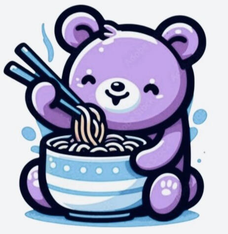Image of a small purple bear eating ramen